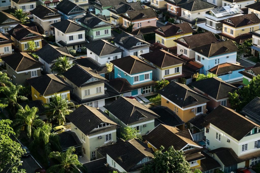 An aerial view of a suburban neighborhood