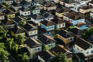 An aerial view of a suburban neighborhood